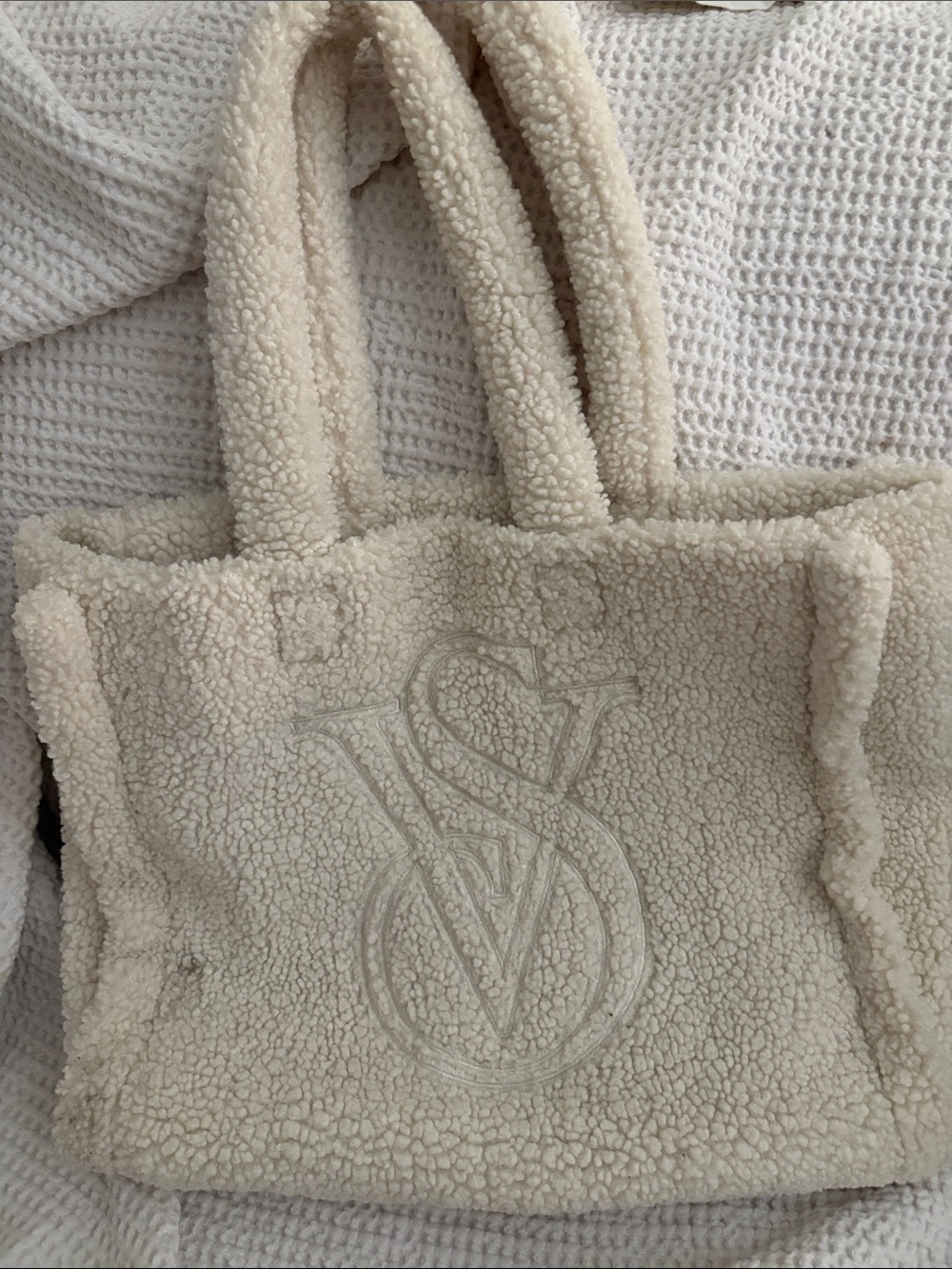 Victoria's Secret Cream Faux Shearling Tote with Embossed VS Logo